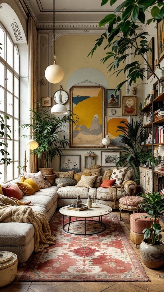 A cozy living room featuring a mix of vintage and modern furniture, with a patterned sofa, eclectic decor, and plants.