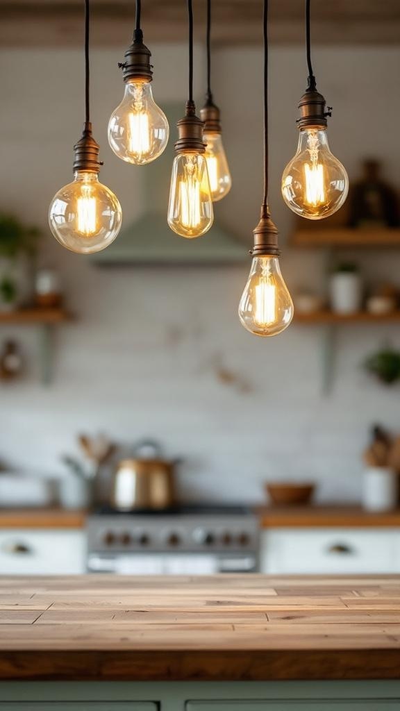 A collection of vintage glass pendant lights hanging above a kitchen island.