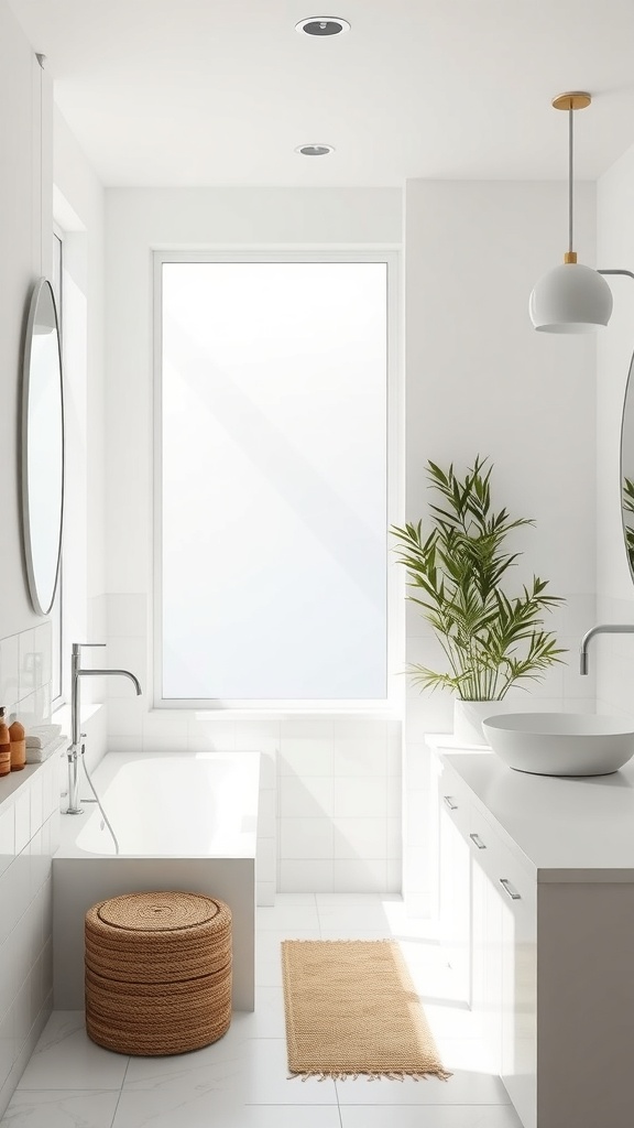 Bright and airy bathroom with natural light, featuring a bathtub, plants, and modern decor.