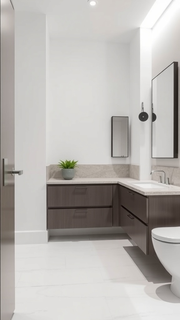 A modern bathroom featuring clean lines, sleek cabinetry, and minimalist fixtures.