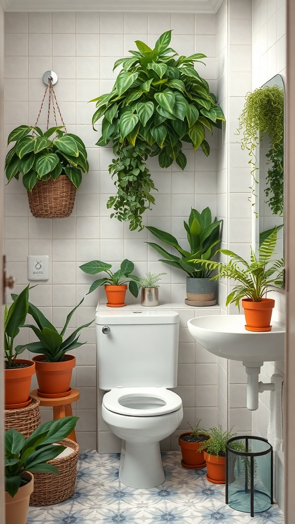 A stylish bathroom with various potted plants and hanging greenery.