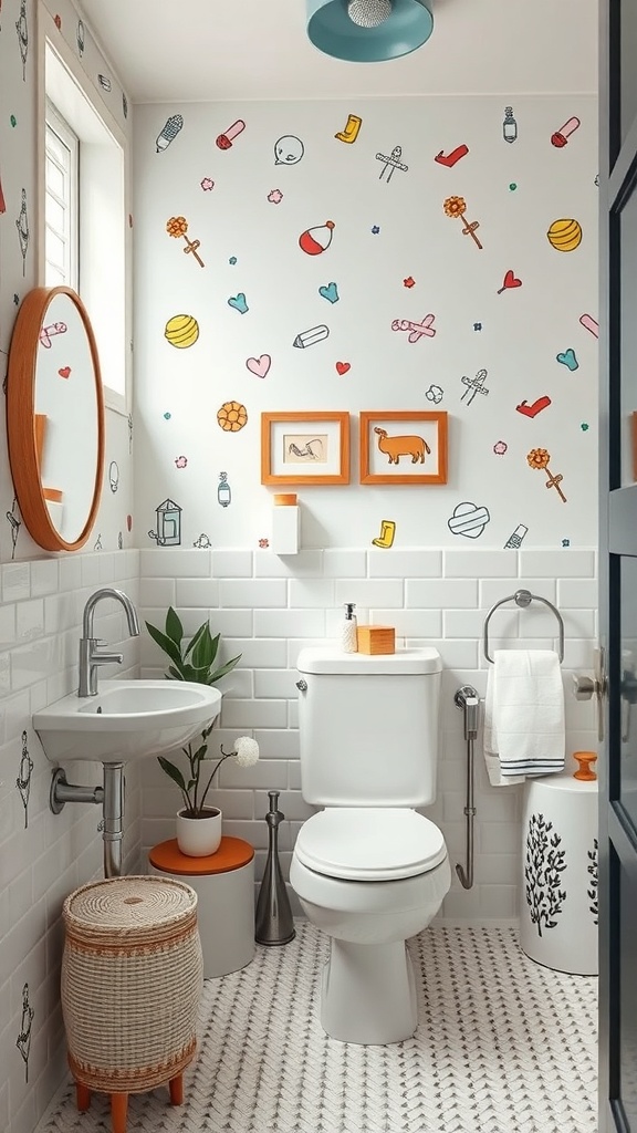 A modern bathroom with playful wall art, a round mirror, and colorful accessories.