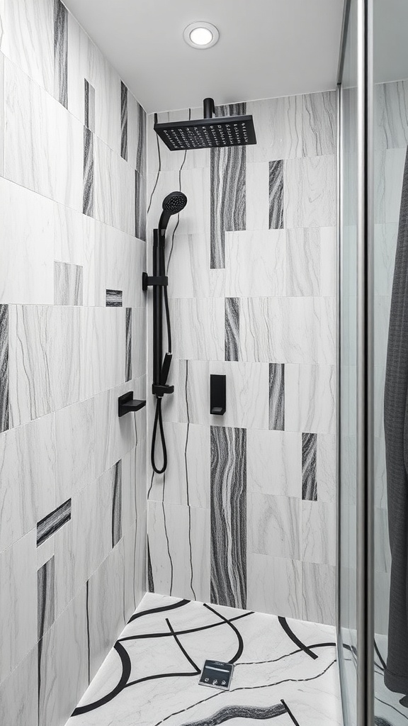 A stylish bathroom shower featuring bold design tiles with a mix of marble and black accents.