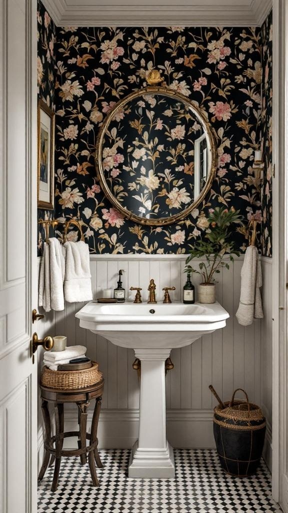 A bathroom featuring dark floral wallpaper with a round mirror and vintage sink.