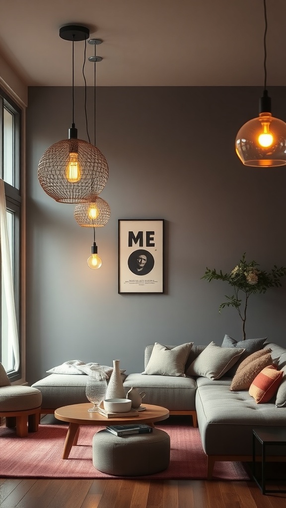 Cozy living room with stylish pendant lighting and warm tones.