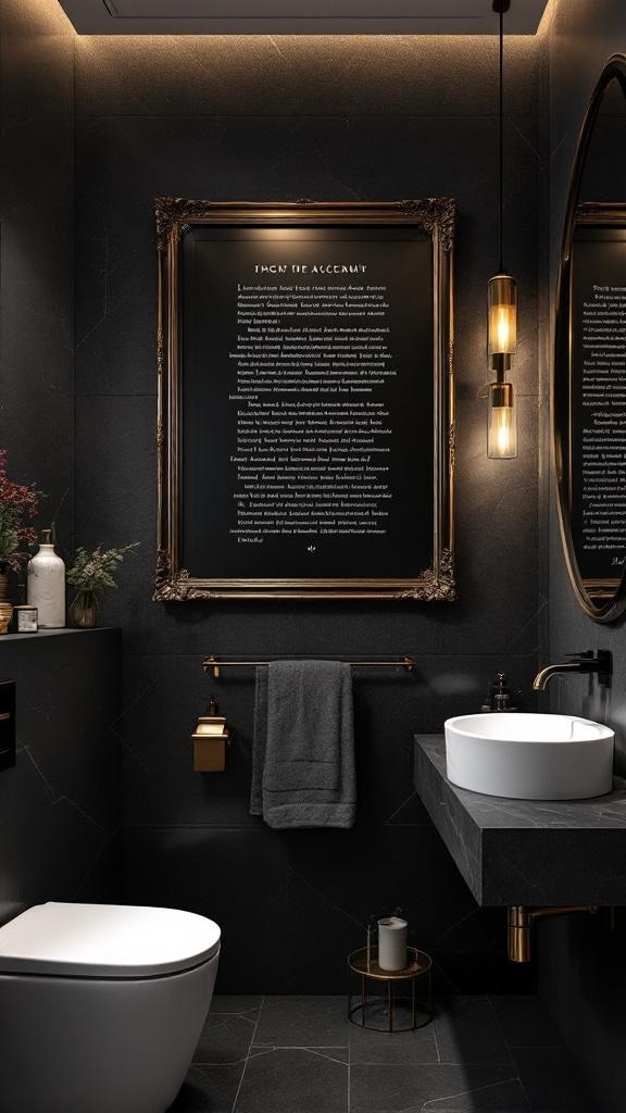 A stylish bathroom featuring a large framed art piece on the wall, with modern fixtures and dark decor.