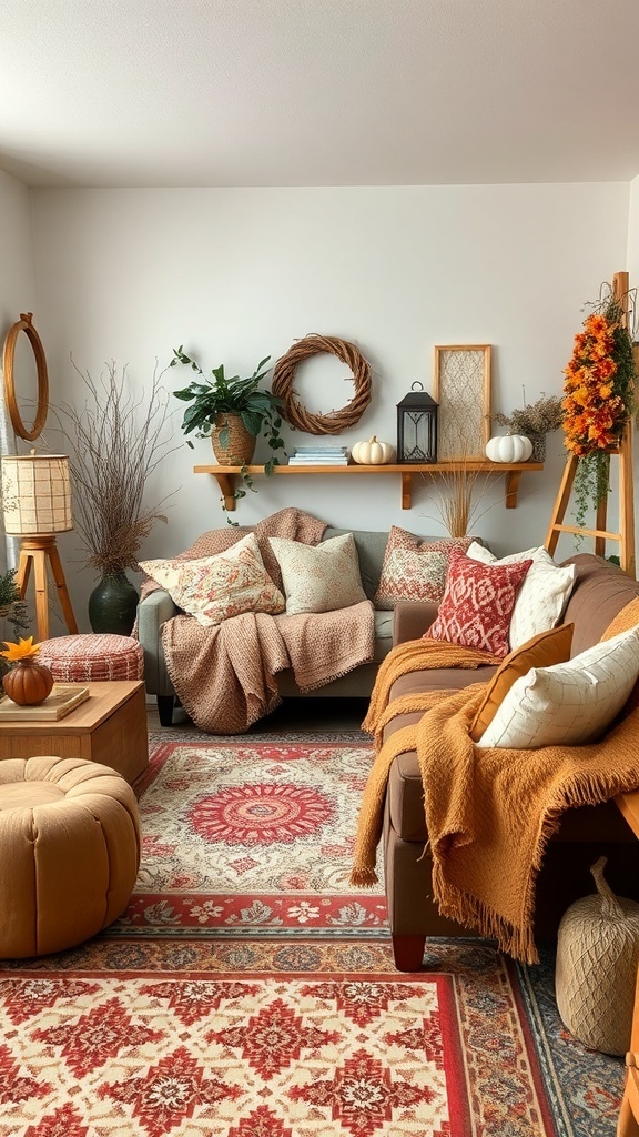 A cozy living room featuring eclectic textures and patterns with autumn decor.