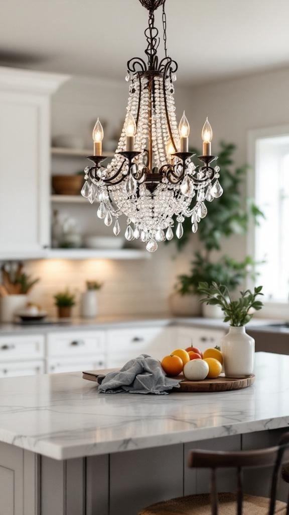 Rustic crystal chandelier hanging in a farmhouse kitchen