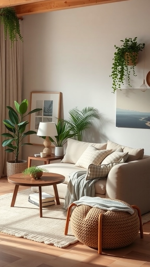 A cozy living room featuring natural materials, plants, and warm lighting.