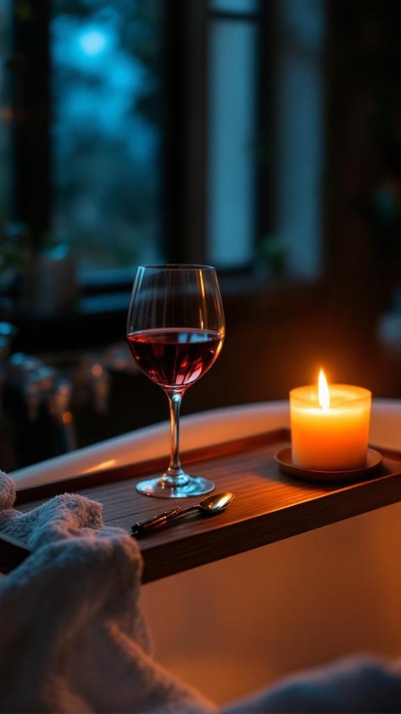 A wooden bathtub caddy with a glass of red wine and a lit candle