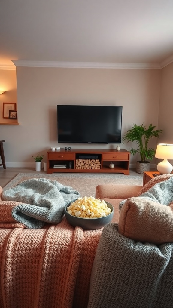 A cozy living room setup with a bowl of popcorn on a couch, soft blankets, and a TV in the background.