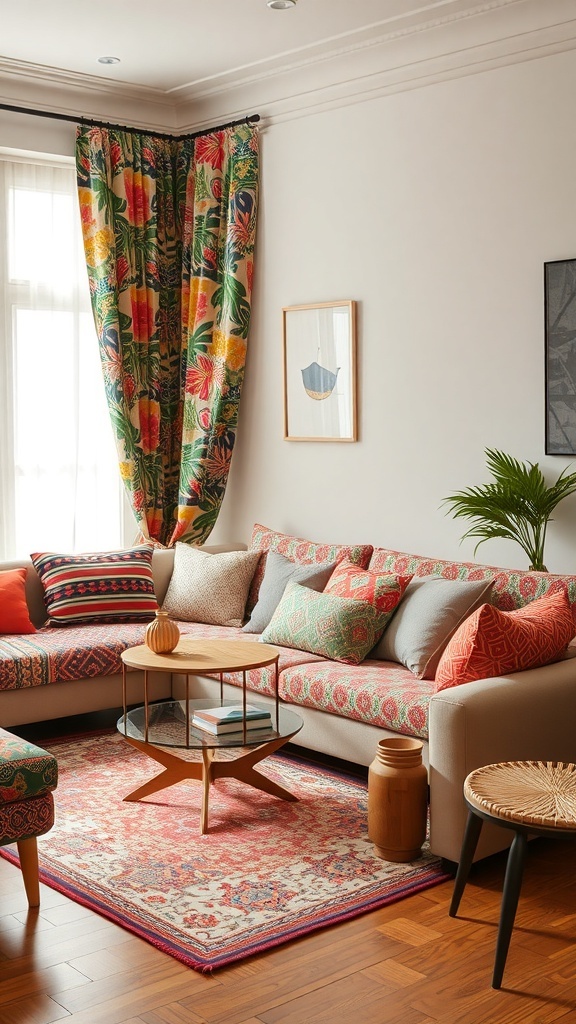 A cozy living room with colorful patterned curtains, cushions, and a stylish coffee table.