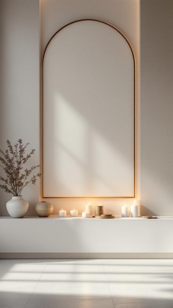 A minimalist living room altar wall with candles and a vase of branches.