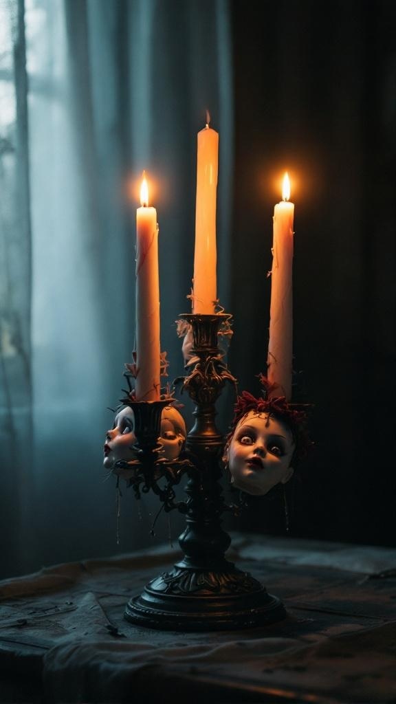 A candle holder featuring doll heads with candles lit on top, creating a spooky atmosphere.