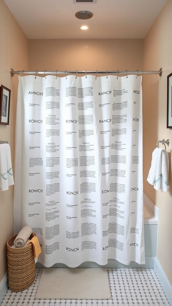 A stylish bathroom featuring a shower curtain with text design, marble flooring, and decorative accents.