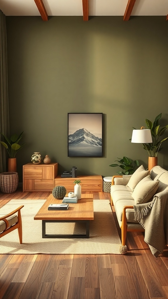 Cozy living room with olive green walls, retro green sofa, wooden furniture, and plants.