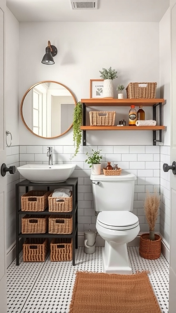 A modern bathroom with functional storage solutions, featuring baskets and shelves.