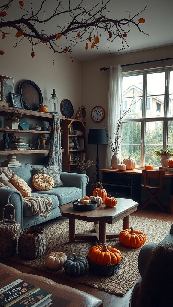 Cozy living room with autumn decor featuring pumpkins and a decorative branch.