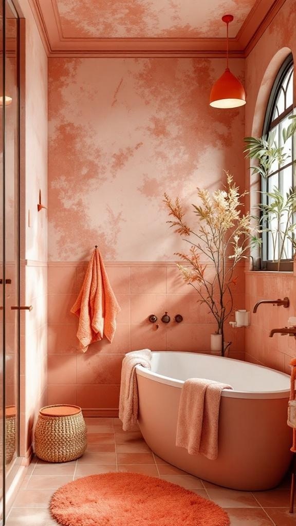 A warm coral-themed bathroom with accessories like towels and a rug.