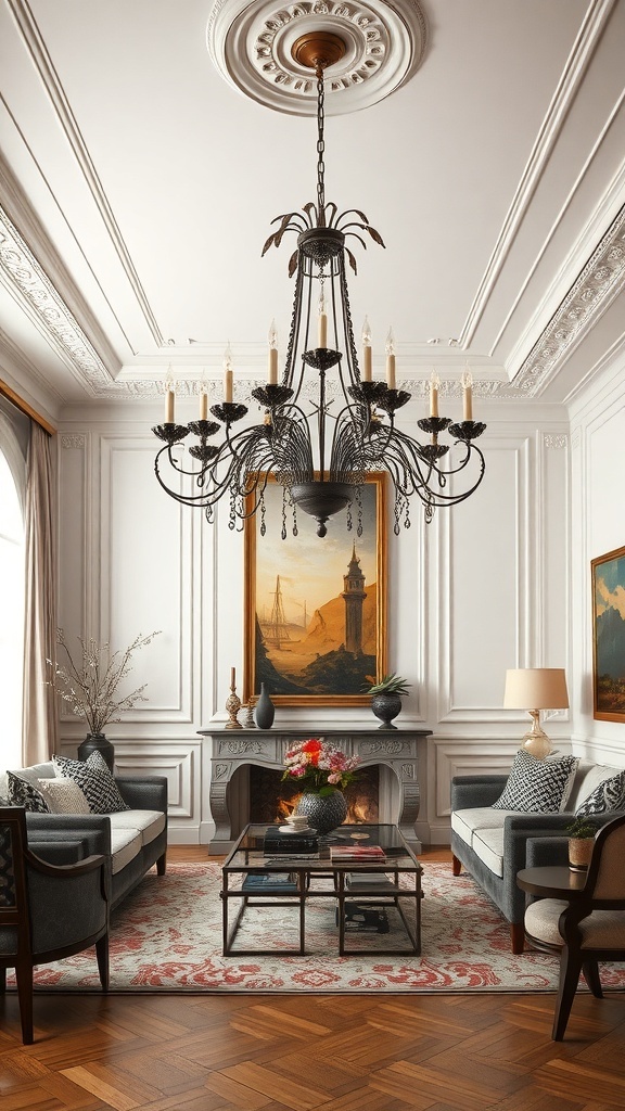 A stylish chandelier hangs in a chic living room with elegant decor.