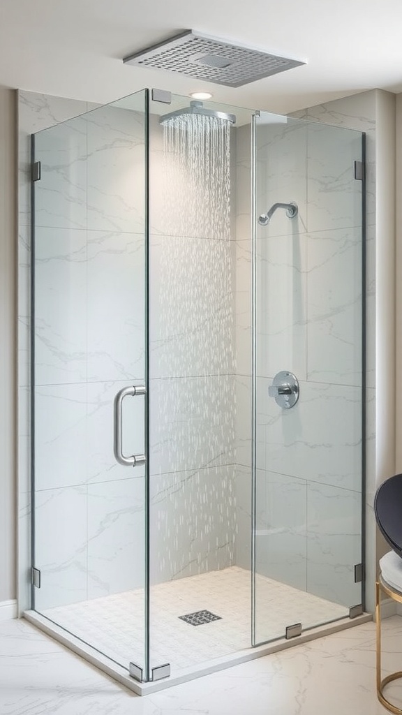 A modern rain shower with glass enclosure and marble tiles.
