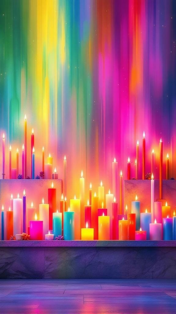A colorful display of candles in various sizes and colors on an altar wall.