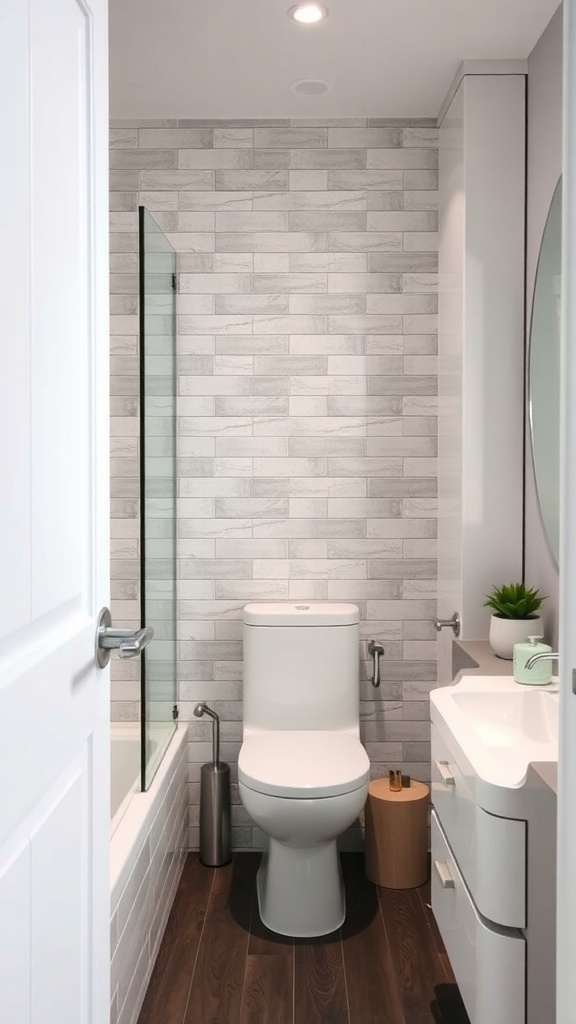 Modern bathroom with a clean layout featuring a glass shower, toilet, and sleek storage.