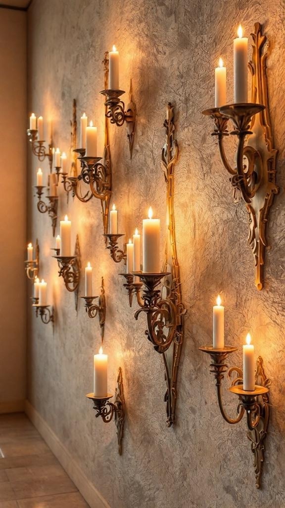 A wall adorned with sculptural candle holders and lit candles.