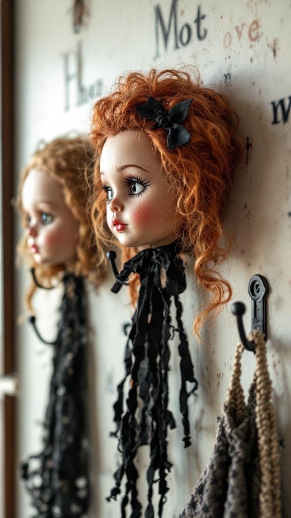 Doll head wall hooks with two doll heads mounted on a wall, adorned with black ribbons.