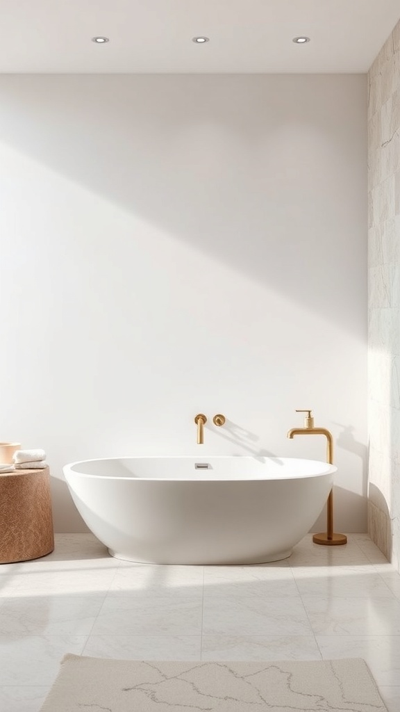 A minimalist bathroom featuring a freestanding tub, gold fixtures, and neutral tones.