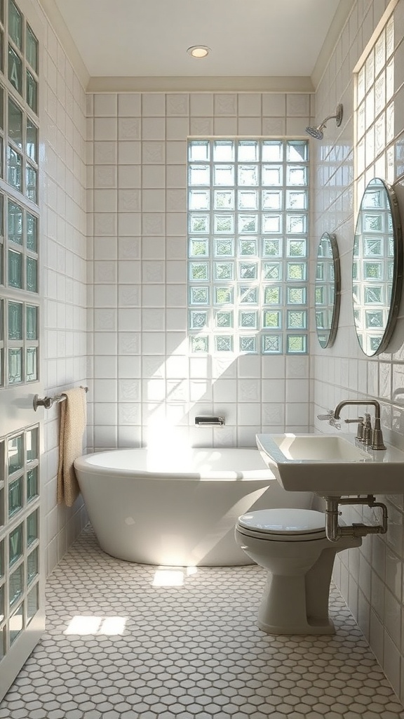Modern bathroom featuring glass block walls and a sleek design.