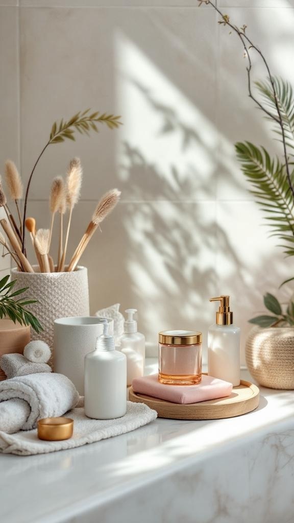 A serene bathroom scene featuring spa-inspired accessories like soft towels, skincare products, and plants.