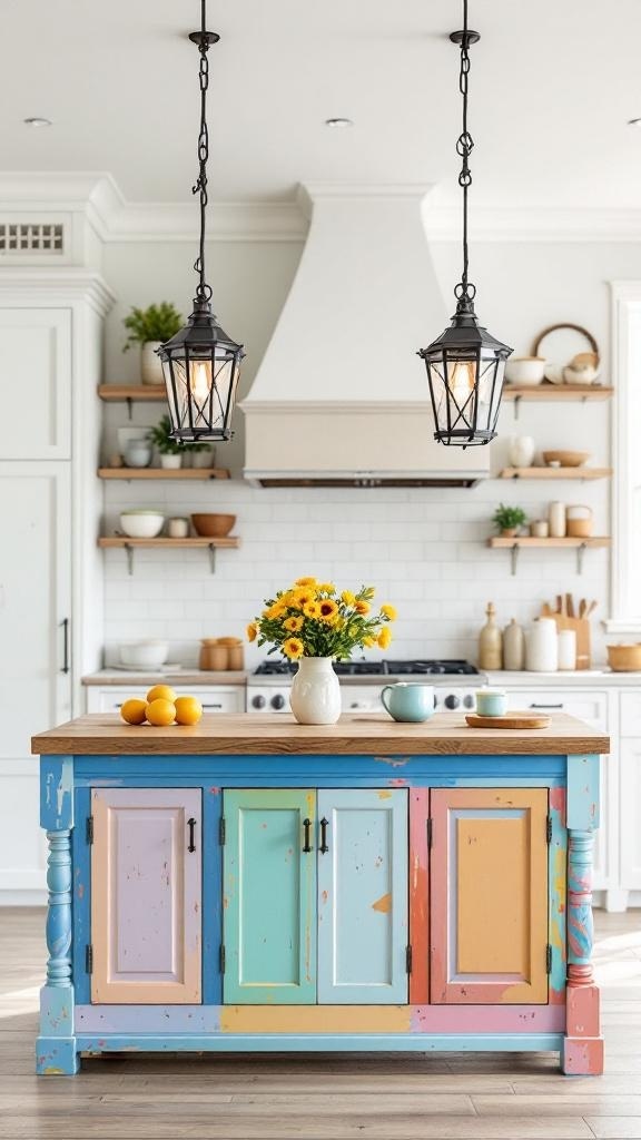 Colorful lanterns hanging over a rustic kitchen island with a vibrant cabinet.