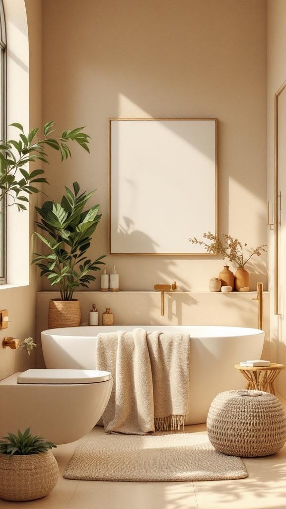 A cozy bathroom with warm beige walls, a freestanding tub, and natural decor.