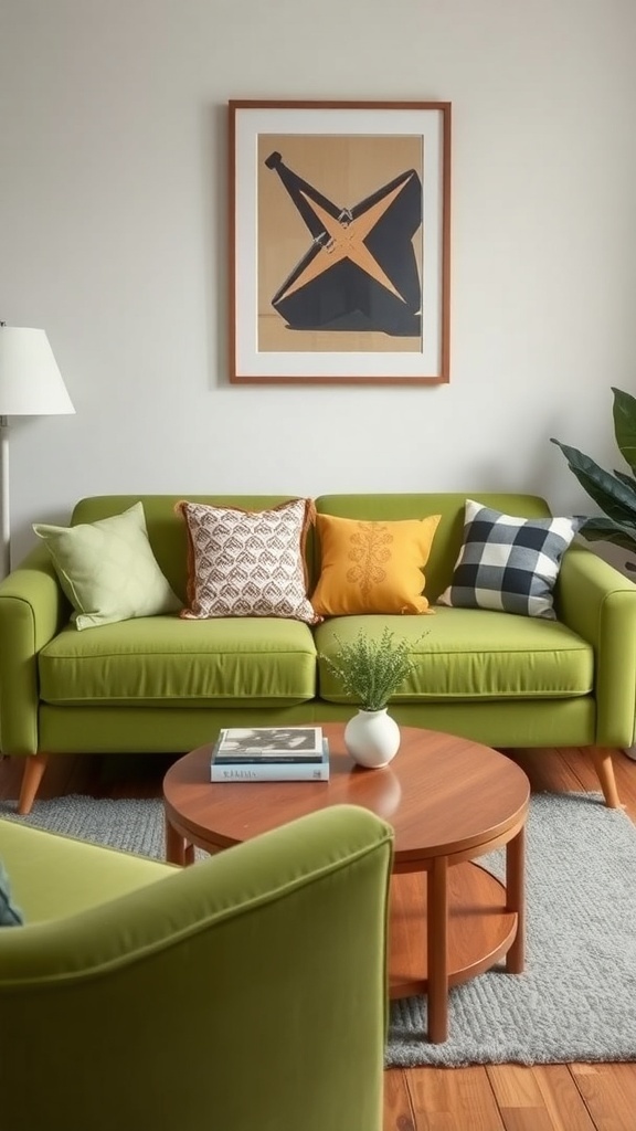 A stylish living room featuring a retro green couch with colorful pillows, a round wooden coffee table, and wall art.
