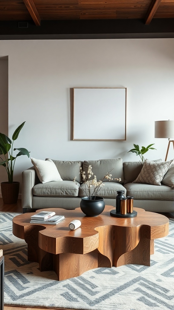 A unique wooden coffee table with an organic shape in a stylish living room.