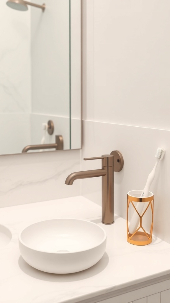 A modern bathroom sink with a white bowl, bronze faucet, and stylish toothbrush holder.