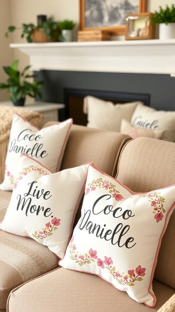 Cozy living room with personalized throw pillows on a couch.