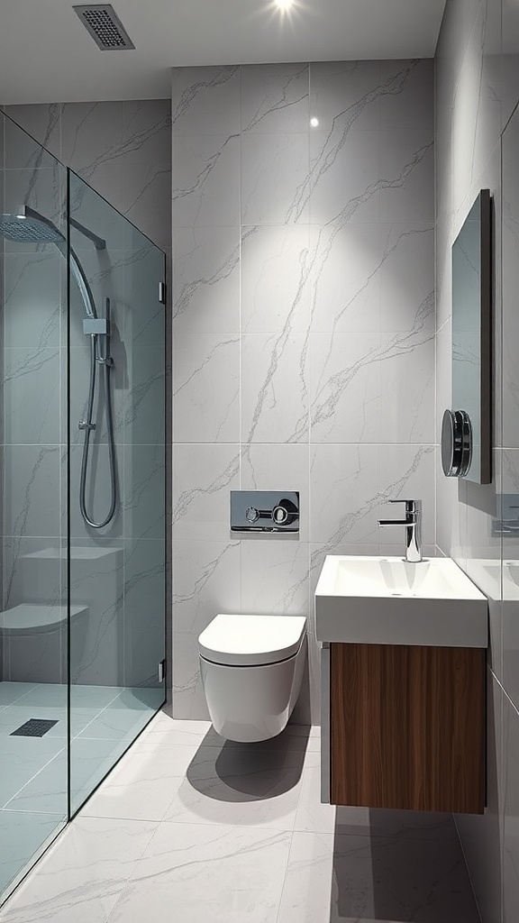 A modern bathroom featuring marble flooring, white tile walls, and a sleek design.