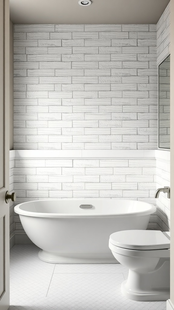 Modern bathroom with textured brick wall, freestanding bathtub, and toilet.