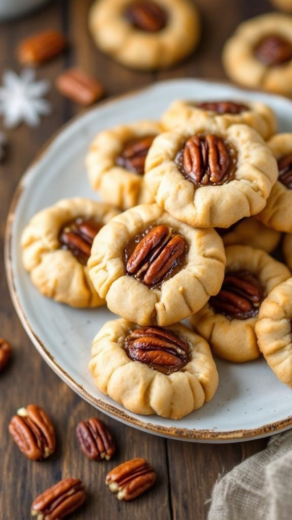 Pecan Pie Cookies Recipe A plate of pecan pie cookies with a glossy filling and whole pecans on a rustic table.