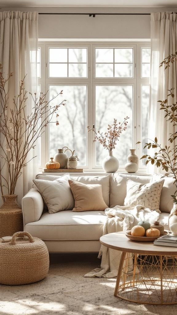 A cozy living room with seasonal decor, featuring pumpkins and dried branches.