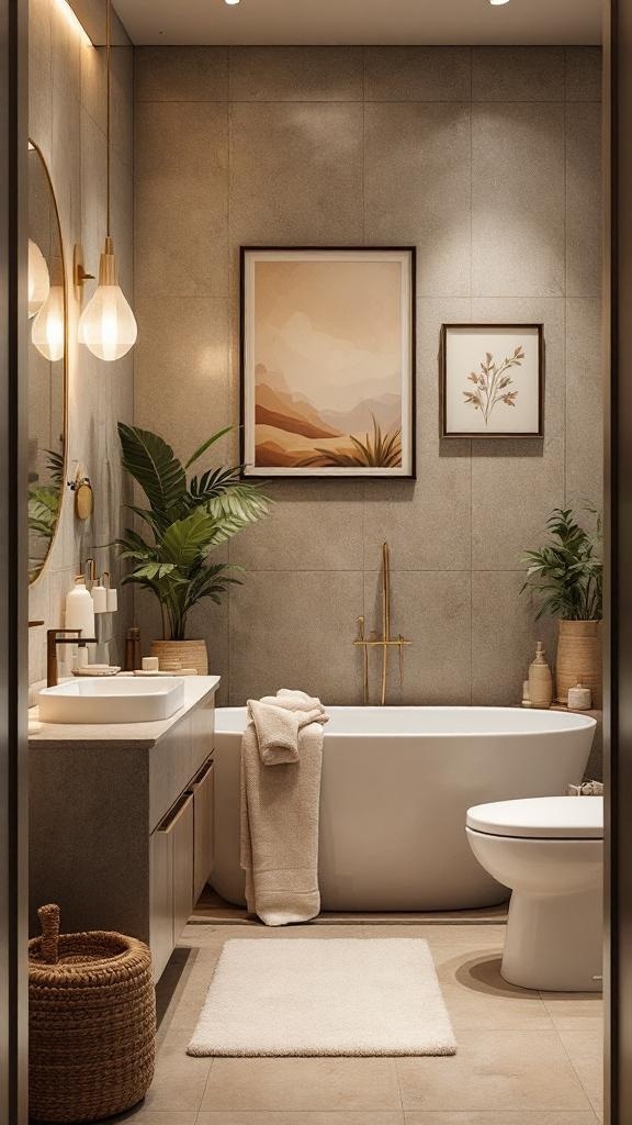 A warm-toned spa-inspired bathroom with earthy decor and plants.