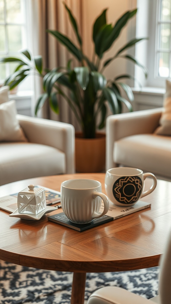 A cozy living room setting with two stylish coffee mugs on a wooden table.