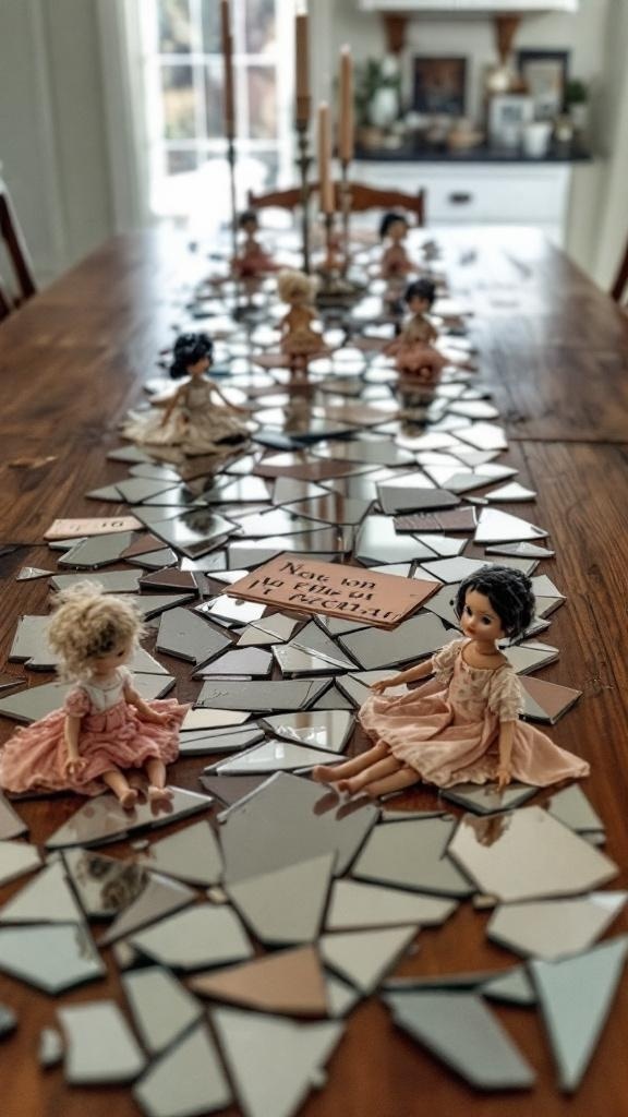 A table decorated with broken mirror shards and thrifted dolls, creating a whimsical centerpiece.
