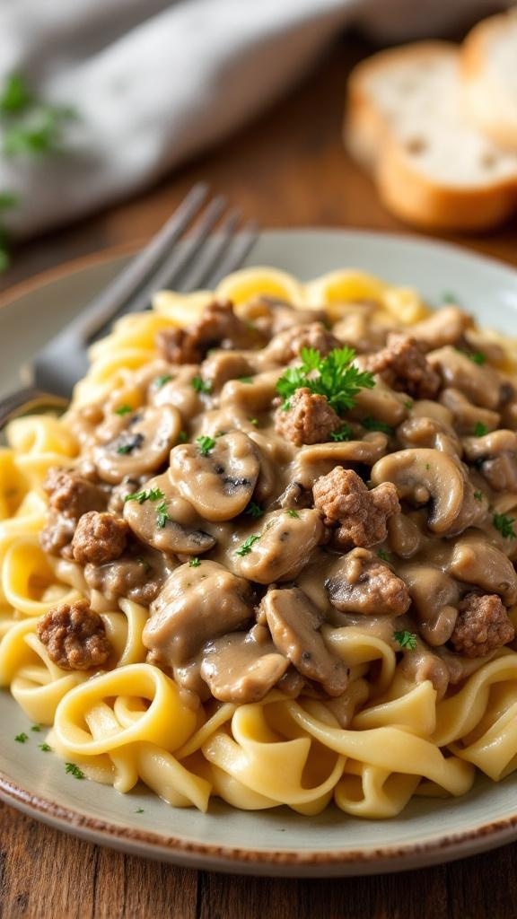 Hamburger Stroganoff Recipe A plate of Hamburger Stroganoff with creamy sauce over egg noodles, garnished with parsley, on a rustic table.