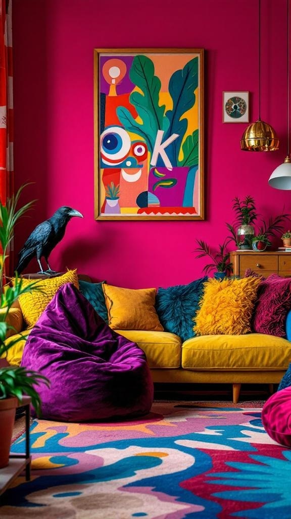 A vibrant living room with pink walls, colorful bean bags, and a taxidermy crow.