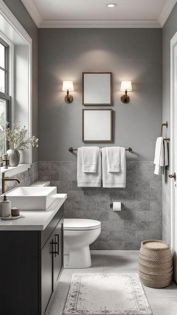 Sophisticated grey and white bathroom with elegant accessories