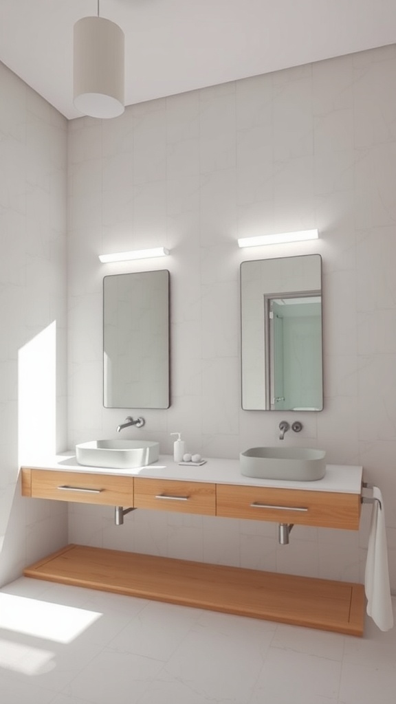 A modern bathroom with wooden vanity, two sinks, and mirrors reflecting natural light.