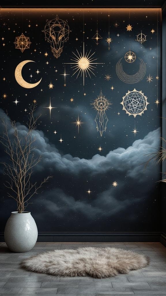 A mystical wall art featuring celestial designs and stars.